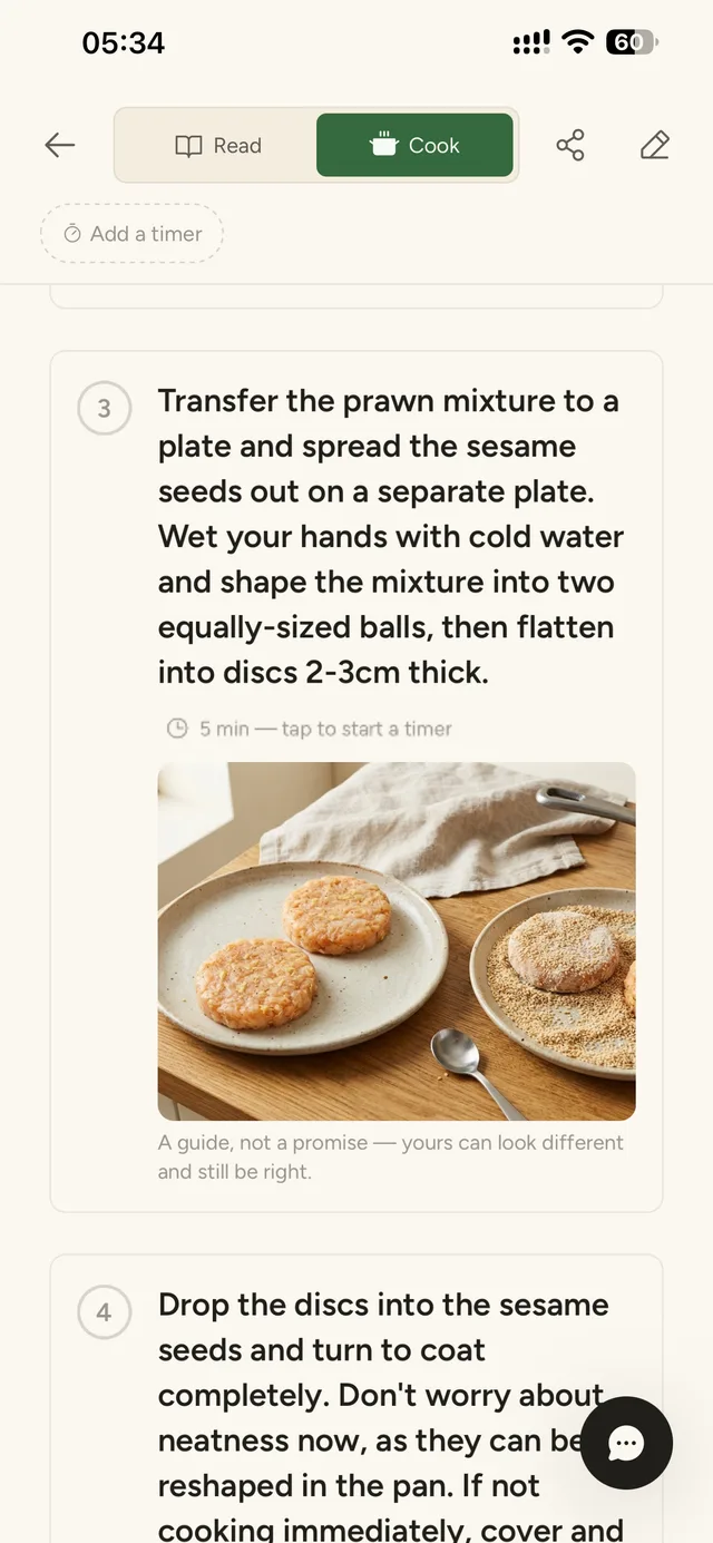 Cook mode: a numbered step with a generated step photo and tap-to-start timer